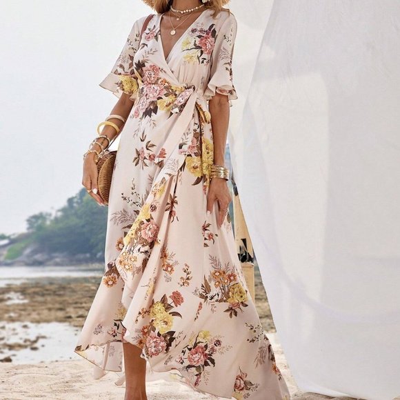 Apricot Boho Womens Floral Print Flounce Sleeve Ruffle Trim Wrap Knot Side Dress - Picture 2 of 5